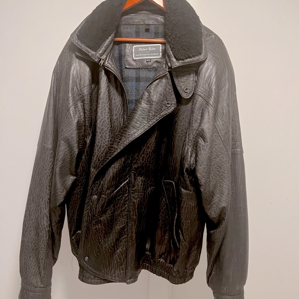 Men’s Black Leather Jacket, detachable fleece collar- North Beach Leather, sz 46